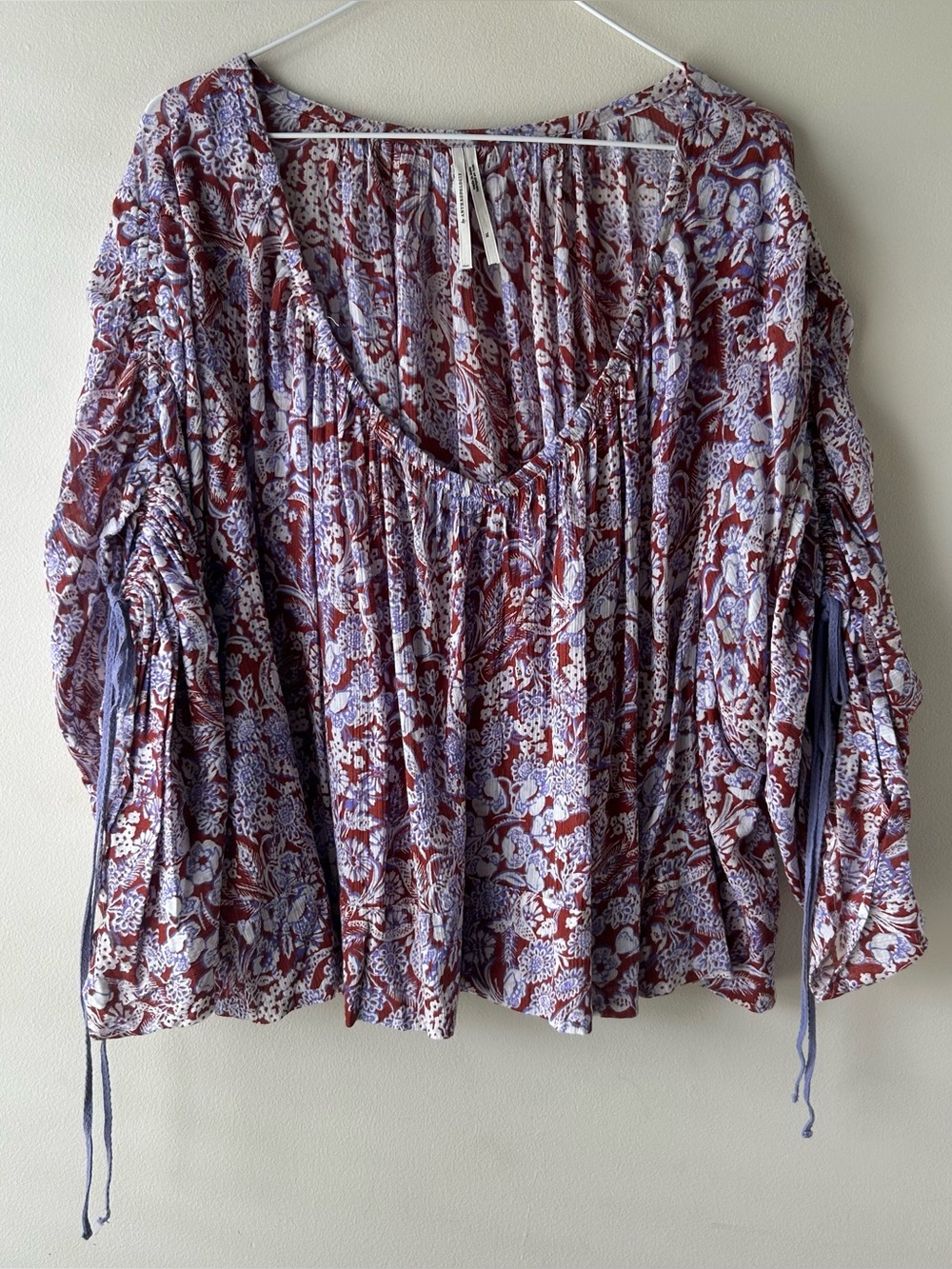 Anthropologie Peasant Floral Blouse Top Shirt Cinched Sleeves Rust Red Purple XL
